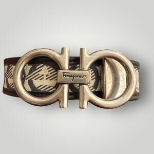 Salvatore Ferragamo Gancini Belt Black/Beige Canvas & Leather Silver Buckle